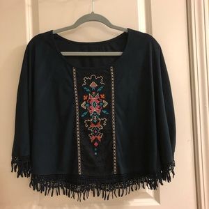 Embroidery boho poncho top shirt suede hippies